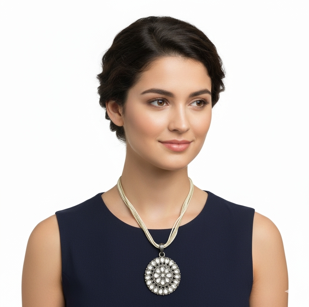 Silver Crystal Faceted Teardrop Gem Medallion Necklace